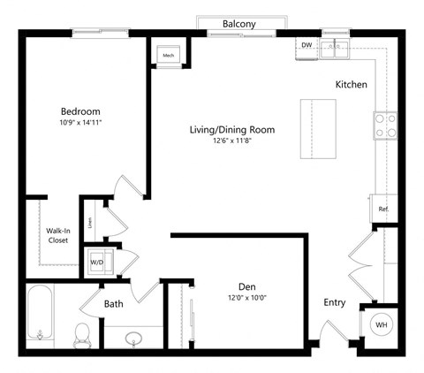 Floor plan for 1 bed, 1 bath, 991 sqft